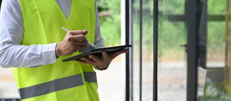 Person with a pad and hi viz doing a health and safety inspection