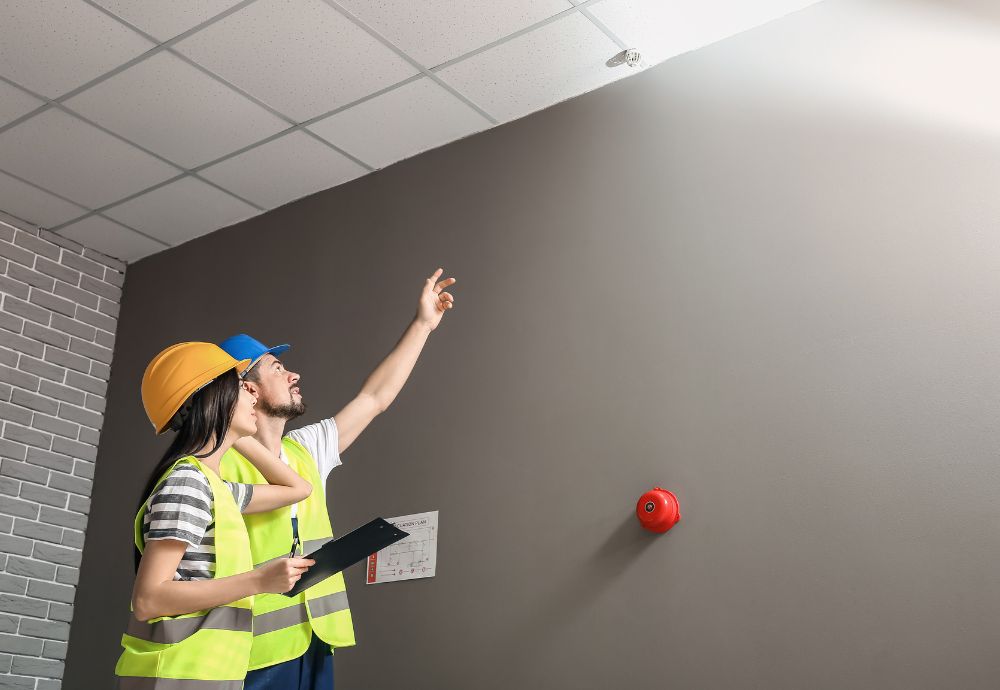 Inspectors checking a fire alarm within an office block